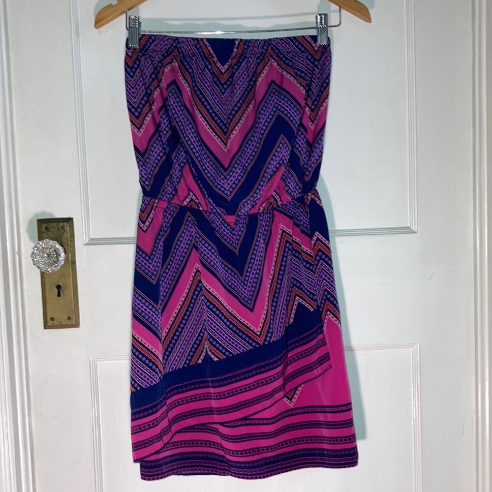 Express Pink and Blue Chevron Strapless Dress